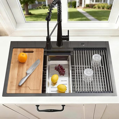 SHACO 33x22 Black Drop In Kitchen Sink, 33 Inch Topmount Gunmetal Black Stainless Steel Single Bowl Overmount Double Ledges Workstation Sink with Accessories