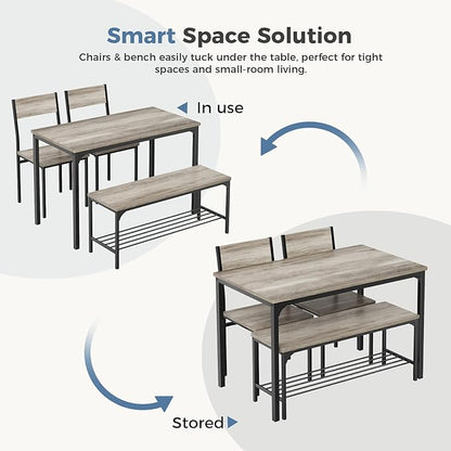 DUMOS Dining Table, Dining Table Set for 4 with Bench, Easy to Assemble Kitchen Table, Space-Saving Ideal 4-Person Set for Dining Room Kitchen Apartment Corner Gray 4 Pack