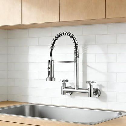 Wall Mount Faucet 8 Inch Center, with Pull Down Sprayer, Commercial Mixer Tap, High Arc Dual Handle Spring Kitchen Sink Faucets