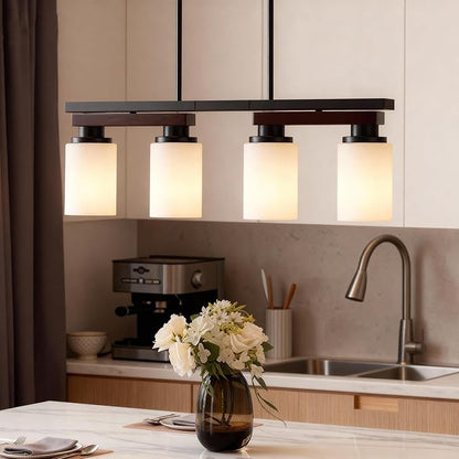 4-Light Kitchen Island Lighting & Farmhouse Dining Room Light Fixtures Over Table, Rustic Wood Linear Chandelier Adjustable Ceiling Hanging Pendant - Rotating Design, Customizable Shapes, Milk Glass
