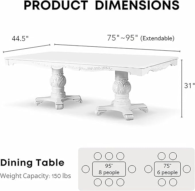 Furniture of America Adair Traditional Solid Wood 95-inch Expandable Dining Table with Double Pedestal and Carved Details, Seats up to 8, for Home, Kitchen, Living Room, White