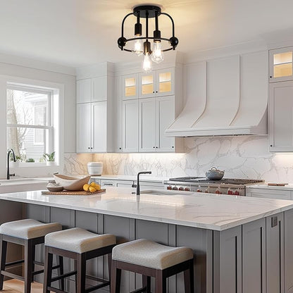 3 Light Industrial Ceiling Light Black Semi Flush Mount Lights Close to Ceiling Light Fixtures,cage Design Farmhouse Ceiling Lighting for Kitchen Bedroom Bathroom Foyer Hallway (E26, 1Pack)