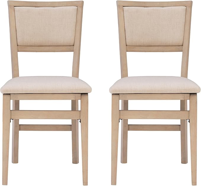 Linon Keira Natural Rustic Wooden Folding Chair with Beige Upholstered Seat and Back Set of 2