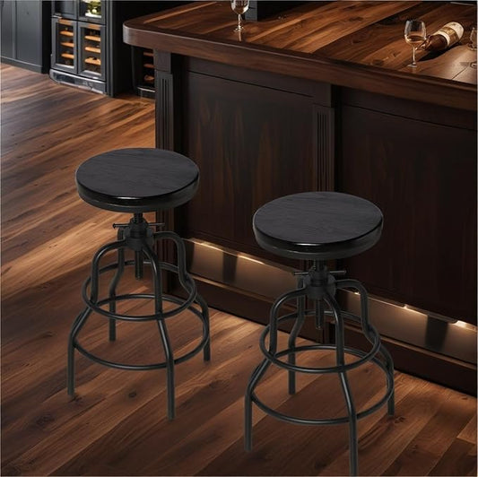 LOKKHAN Vintage Industrial Bar Stool-Rustic Swivel Bar Stool-Round Walnut Wood Metal Stool-Counter/Bar Height Adjustable Pipe Stool-Cast Steel Stool 23.62"-29.52" (Set of 2)