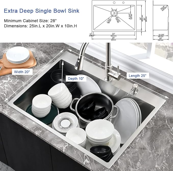 25 Inch Drop In Kitchen Sink-Hovheir 25x20 Top Mount Kitchen Sink Drop In Stainless Sinks 16 Gauge Stainless Steel Single Bowl Deep Sinks Overmount Single Basin with Cutting Board