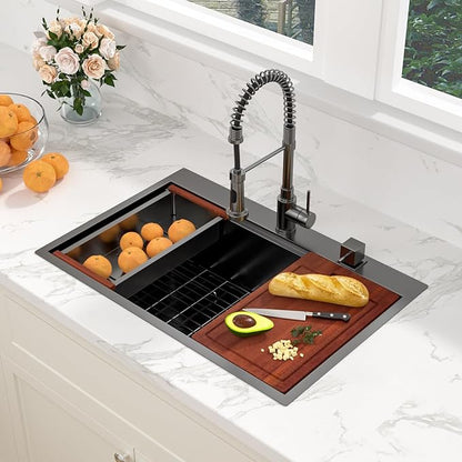 Sarlai 30 Drop Kitchen Sink Black Stainless Steel - 30 x 22 Inch Kitchen Sink Drop In Topmount Ledge Workstation 16 Gauge Gunmetal Black Stainless Steel Single Bowl Over Counter Sinks With Accessories