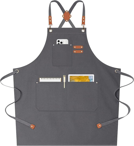 AFUN Chef Aprons for Women Men with Oversized Pockets, 12-Ounce Cotton Canvas Cross Back Water Repellent Apron (Grey)