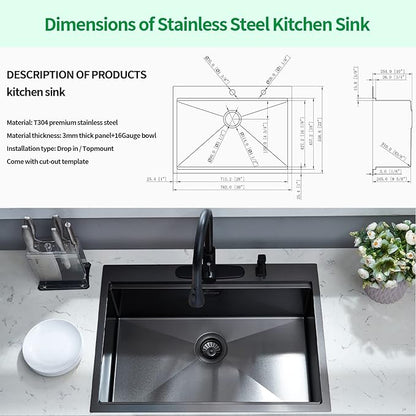 Drop-in Kitchen Sink - Single Bowl Workstation with Cutting Board, 30 x 22 x 10, Gunmetal Black, 16 Gauge Stainless Steel