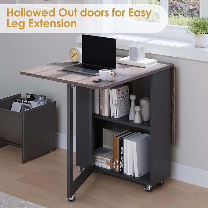 LotFun Folding Dining Table with 2 Storage Racks, Space Saving Dining Table with 6 Wheels, Kitchen Table for Small Spaces