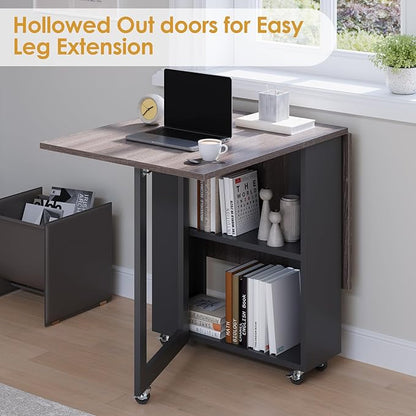 LotFun Folding Dining Table with 2 Storage Racks, Space Saving Dining Table with 6 Wheels, Kitchen Table for Small Spaces