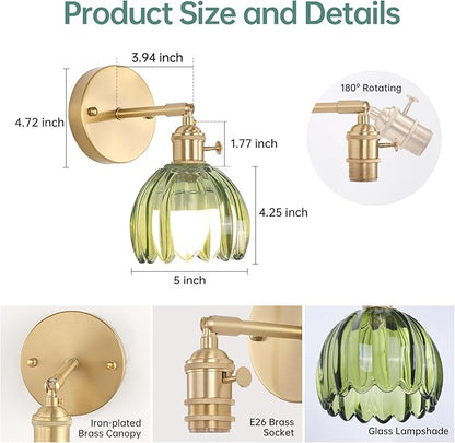 Shenmoyl Vintage Battery Operated Wall Sconce with Green Tulip Glass Lampshade Rechargeable Battery Powered Wall Light with Remote Control for Bedside Bedroom Doorway, Set of 2
