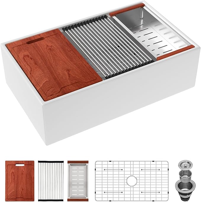 Kichae 33 White Farmhouse Sink Workstation - 33 x 20 Flat Apron Front Farmhouse Kitchen Sink Farm Farmer Porcelain Fireclay Ceramic Ledge Workstation Single Bowl Basin