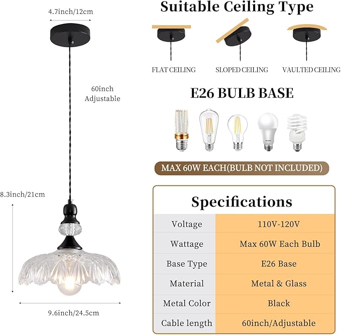Vintage Glass Pendant Lights Fixture Modern Black Chandelier Adjustable Hanging Light Farmhouse Kitchen Island Lighting for Bedroom Dining Room Living Room Hotel