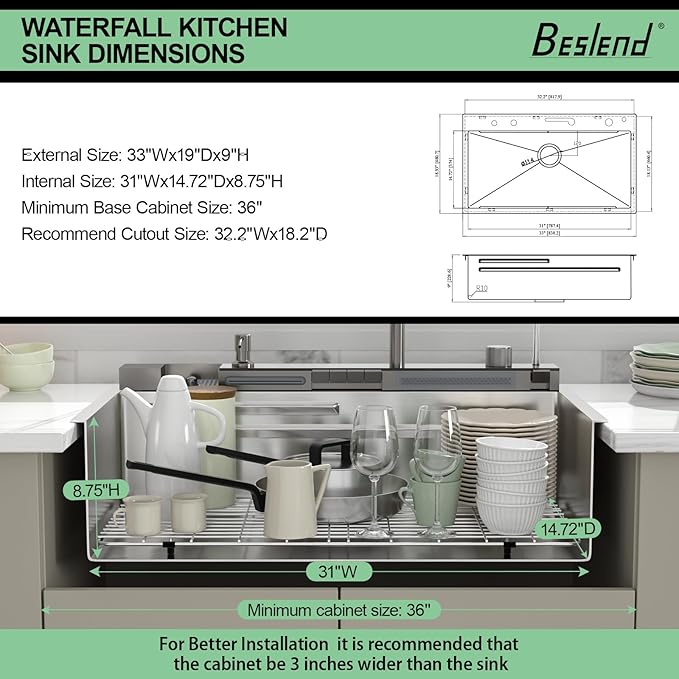 33 Inch Waterfall Kitchen Sink - Beslend 33x19 Drop In Waterfall Sink Stainless Steel Workstation Modern Smart Sinks 16-Gauge Single Bowl with Faucet, Digital Display and Fancy Ambient Light