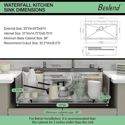 33 Inch Waterfall Kitchen Sink - Beslend 33x19 Drop In Waterfall Sink Stainless Steel Workstation Modern Smart Sinks 16-Gauge Single Bowl with Faucet, Digital Display and Fancy Ambient Light