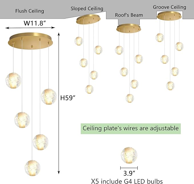 HAIXIANG 5 Lights Globe Chandelier Modern Crystal Glam Light LED Warm Light Pendant Lights for Dining Room Kitchen Island Antique Gold Lighting Fixture