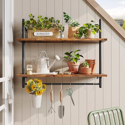 Bestier Pipe Shelf Industrial Floating Shelving 31" Kitchen Wall-Mounted Shelf with Towel Bar Hooks Coffee Bar Shelves Wine Hanging Display Rack Bookshelf Living Room Decor Bathroom-Rustic Brown