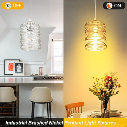 Brushed Nickel Pendant Light for Kitchen Island, Spiral Iron Pendant Light Fixtures with Seeded Glass Shade, Adjustable Height Hanging Pendant Lighting for Dining Room Hallway Kitchen Foyer