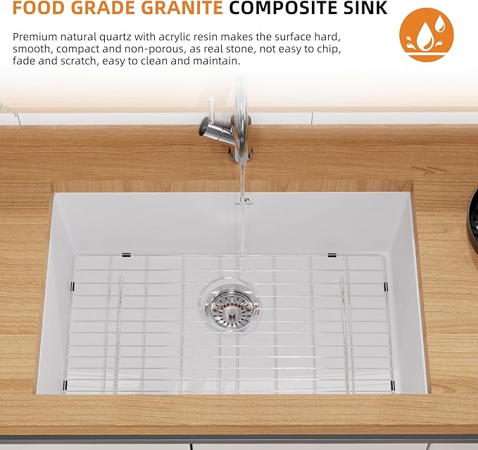 Quartz Kitchen Sink, 23 Inch White Undermount Kitchen Sinks, Deep Single Bowl Granite Composite Sink, Modern Sinks Providing Complete Accessories, Spacious Workspace and Easy Cleaning