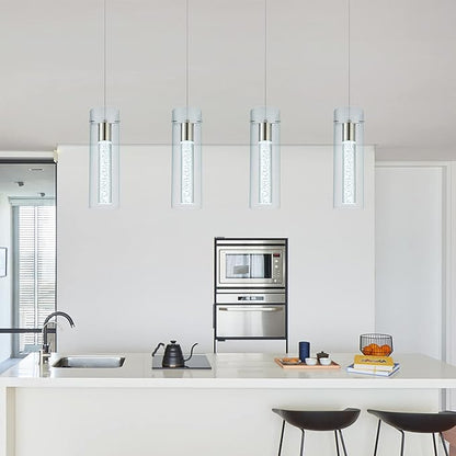 Kitchen Lighting Pendant Fixtures 4-Light LED Pendant Ceiling Fixture Brushed Nickel Bubble Cylinder Pendant Light with Adjustable Length for Kitchen Island Dinning Room Bedroom