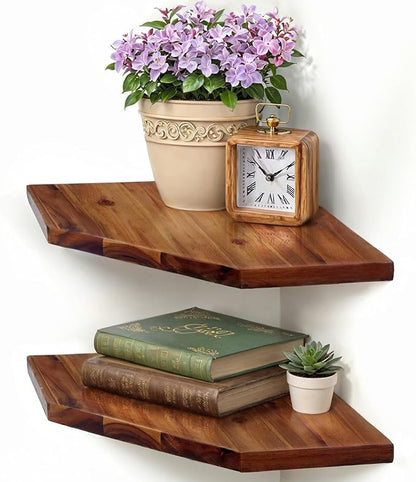 Demigo Corner Shelf Wall Mount, Set of 2 Solid Acacia Wood 11.8 x 16.5 inches Floating Corner Shelves, Smooth - Durable - Attractive Corner Shelves for Bedroom Living Room Bathroom Kitchen