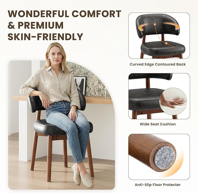 MALOL Wooden Dining Chairs Set of 4, Modern Upholstered Dining Room Chair, PU Leather Kitchen Side Chairs with Curved Open Back for Living Room/Restaurant/Cafe, Black