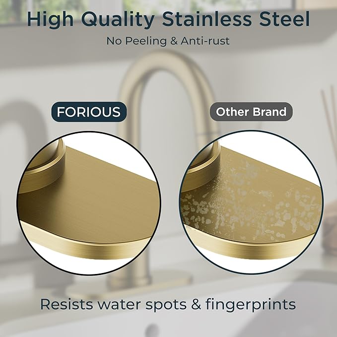 FORIOUS Brushed Gold Bathroom Faucets for Sink 3 or 1 Hole with Pull Down Sprayer, Single Handle Gold Faucets for Bathroom Vanity with Pop Up Drain, Suitable for Bath, RV, Laundry & Utility Sink