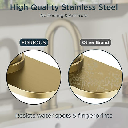 FORIOUS Brushed Gold Bathroom Faucets for Sink 3 or 1 Hole with Pull Down Sprayer, Single Handle Gold Faucets for Bathroom Vanity with Pop Up Drain, Suitable for Bath, RV, Laundry & Utility Sink