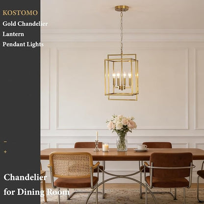 4-Light Gold Lantern Chandelier, Rustic Farmhouse Rectangle Pendant Light, Adjustable Height Modern Dining Room Light Fixture for Kitchen Island Living Room Entryway Foyer 10.8Inch