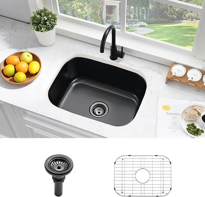 23 Inch Black Undermount Bar Sink-Bokaiya 23x18 Black Stainless Steel Undermount Kitchen Sink Wet Bar Prep Outdoor Sink 16 Gauge Single Bowl Kitchen Sink with Dish Grid