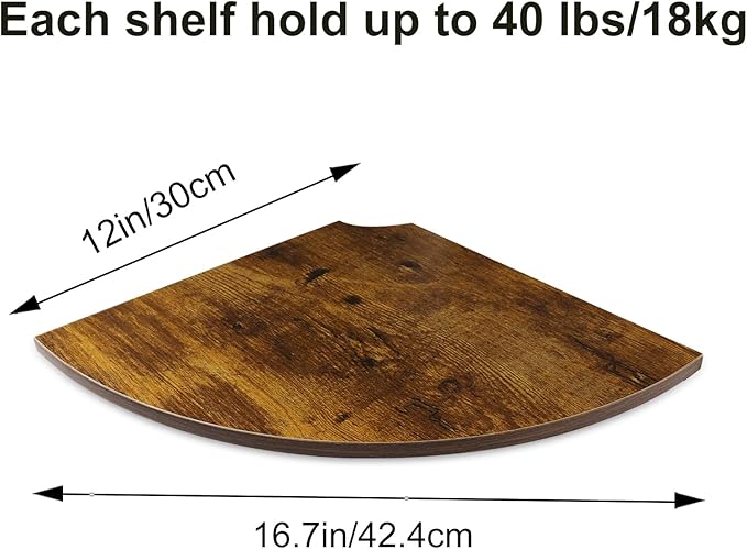 JJL Corner Shelves, 12 Inch Deep Corner Shelf Wall Mounted with Wire Hole, 4 Tier Circular arc Corner Hanging Shelving for Wall Storage, for Speaker, Cable Box, Rust Brown