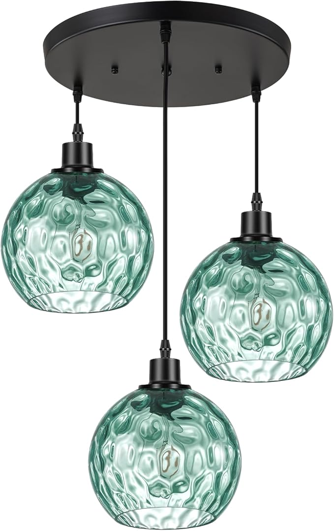 3-Light Vintage Chandelier Green Glass Globe Pendant Light Kitchen Island Mid Cenytury Lamps Black Ceiling Hanging Light for Bedroom Dining Room Living Room