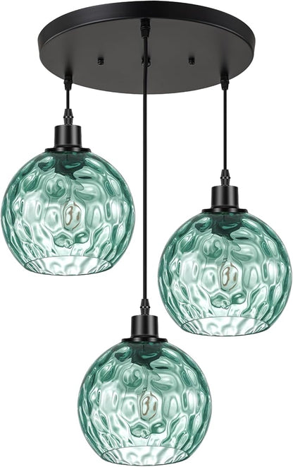3-Light Vintage Chandelier Green Glass Globe Pendant Light Kitchen Island Mid Cenytury Lamps Black Ceiling Hanging Light for Bedroom Dining Room Living Room