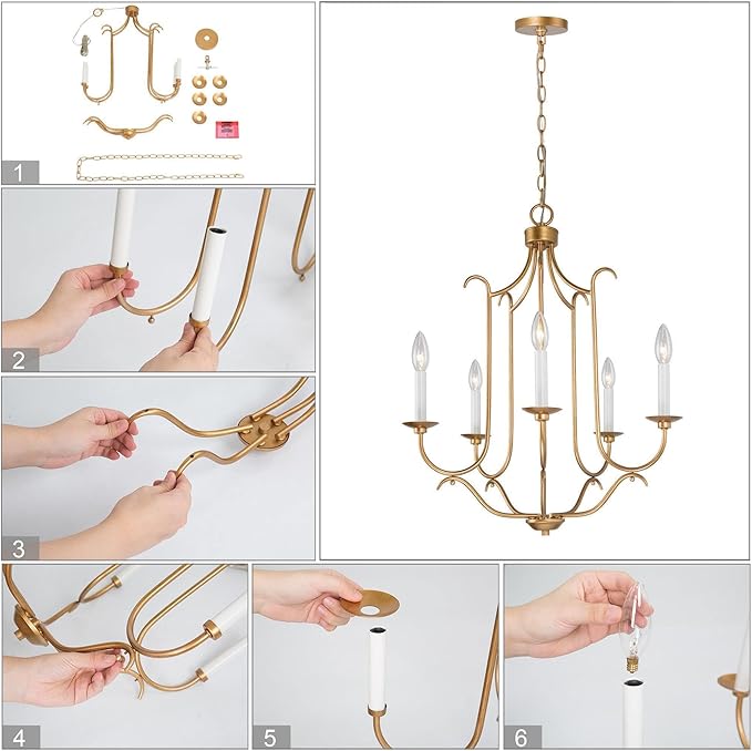 KSANA Gold Chandelier for Dining Room, 5 Light Modern Chandelier Light Fixtures with Candlestick 21" Adjustable Hanging Chandelier for Living Room Bedroom Hallway