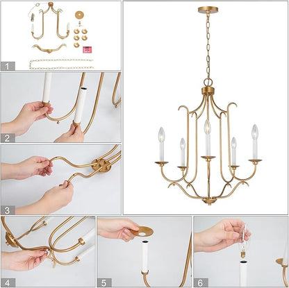KSANA Gold Chandelier for Dining Room, 5 Light Modern Chandelier Light Fixtures with Candlestick 21" Adjustable Hanging Chandelier for Living Room Bedroom Hallway