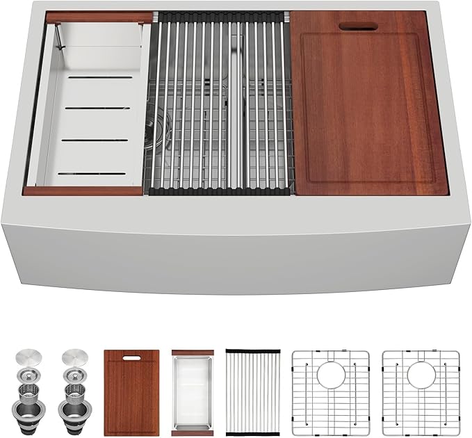 Sarlai 36 Farmhouse Kitchen Sink Double Bowl - 36 x 22 Inch Farm Stainless Steel Sink Apron Front 16 Gauge Ledge Workstation Sinks Low Divide 50/50 Double Basin Under Counter Kitchen Farm Sinks