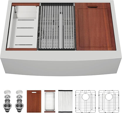 Sarlai 36 Farmhouse Kitchen Sink Double Bowl - 36 x 22 Inch Farm Stainless Steel Sink Apron Front 16 Gauge Ledge Workstation Sinks Low Divide 50/50 Double Basin Under Counter Kitchen Farm Sinks