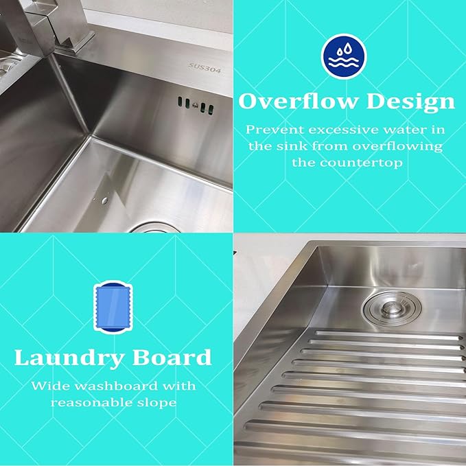 1000mm/39.3Inch Laundry Utility Sink With Washboard Stainless Steel Kitchen Sink with Faucet Household Pool Balcony Room Wash Basin Easy Clean Double-Bowl