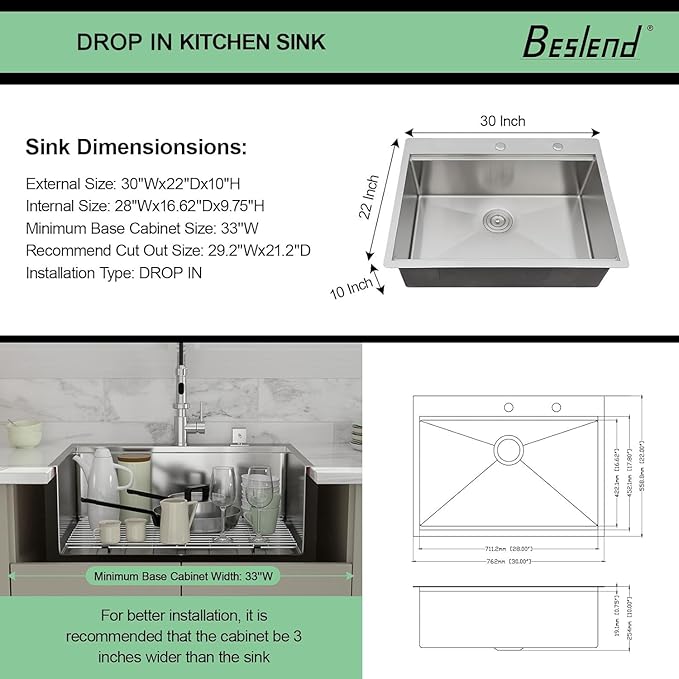 30 Drop In Kitchen Sink - Beslend 30x22 Inch Single Bowl Workstation Sinks Stainless Steel Top Mount Sink 16 Gauge Handmade Topmount Kitchen Basin with Accessories