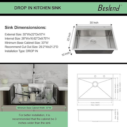 30 Drop In Kitchen Sink - Beslend 30x22 Inch Single Bowl Workstation Sinks Stainless Steel Top Mount Sink 16 Gauge Handmade Topmount Kitchen Basin with Accessories