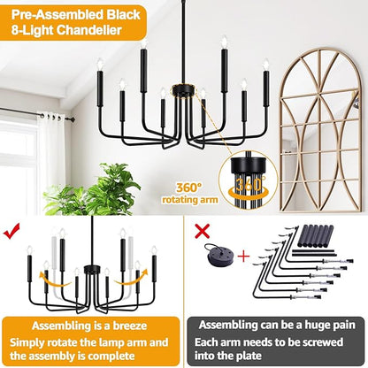 Lynnoland Black 8-Light Chandelier, Farmhouse Chandelier for Dining Room Lighting Fixtures Hanging, Vintage Candle Pendant Light Fixtures Chandelier for Bedroom, Foyer and Living Room