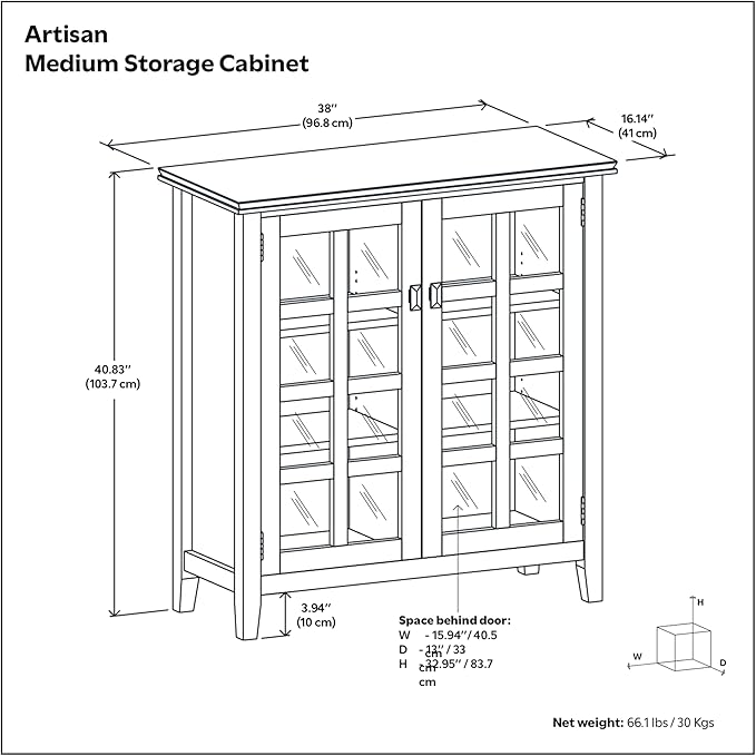 SIMPLIHOME Artisan Storage Cabinet - 38 inch Wide Solid Wood Medium Cabinet in Tobacco Brown, Transitional Accent Cabinet for Living Room or Dining Room with Glass Doors and Adjustable Shelves