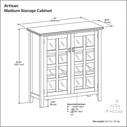 SIMPLIHOME Artisan Storage Cabinet - 38 inch Wide Solid Wood Medium Cabinet in Tobacco Brown, Transitional Accent Cabinet for Living Room or Dining Room with Glass Doors and Adjustable Shelves