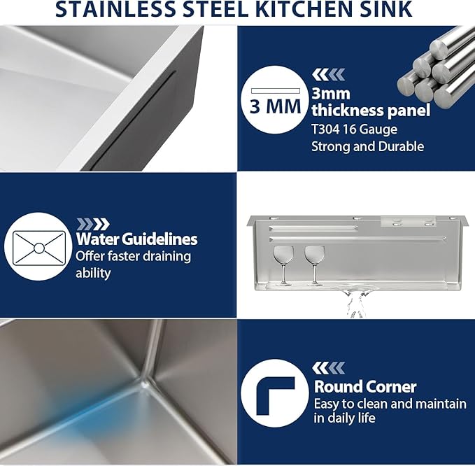 Lordear 33x22 Inch Waterfall Kitchen Sink Drop In T304 16 Gauge 33x22 Workstation Stainless Steel Single Bowl With Pull Out Faucet Set, Integranted Control Temp & Functions,33x22x10 Inch
