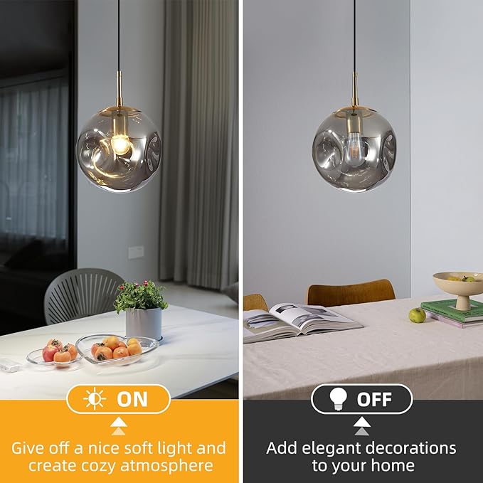 Modern Smoke Gray Concave Glass Pendant Light, 3-Pack Kitchen Island Lighting Single Globe Pendant Light Fixtures Century Kitchen Island Pendant Light for Bedroom Dining Room Light (Without Bulbs)
