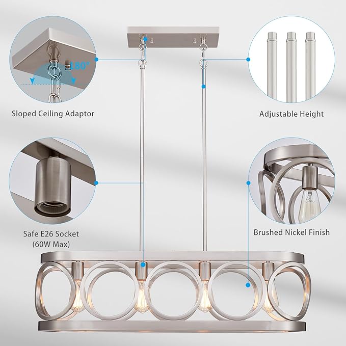 XINGQI Kitchen Island Chandelier for Dining Room Modern Farmhouse Brushed Nickel Rectangle Pendant Lighting Fixture Vintage Linear Hanging 4-Light Rustic Living Room Lights