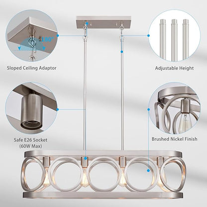 XINGQI Kitchen Island Chandelier for Dining Room Modern Farmhouse Brushed Nickel Rectangle Pendant Lighting Fixture Vintage Linear Hanging 4-Light Rustic Living Room Lights