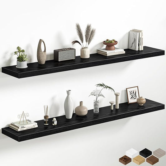 Fun Memories 66 Inch Floating Shelves, 12 Inch Deep Wall Shelf for Fireplace Mantel, Black Deep Storage Shelves for Home & Office, Long Floating Shelf with Invisible Bracket, Set of 2