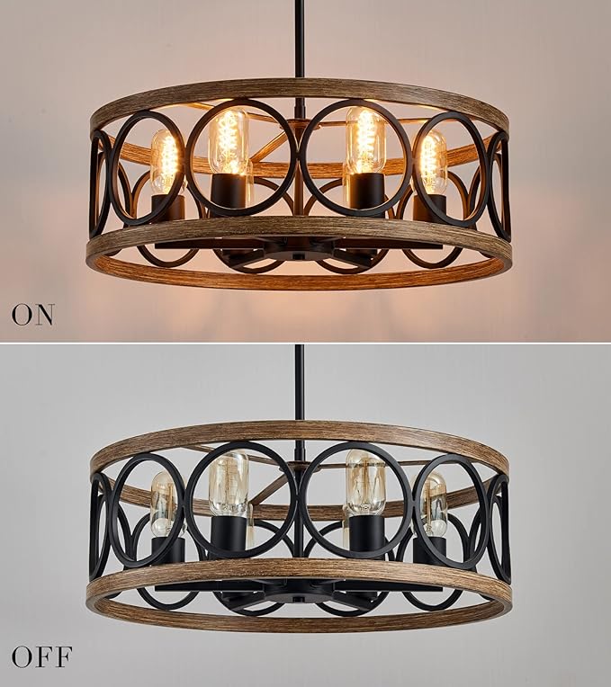 MEIXISUE Modern Farmhouse Drum Chandelier Black and Retro Wood Finish 6-Lights Round Metal Antique Vintage Chandelier Light Fixtures for Kitchen Dining Room Living Room Bedroom