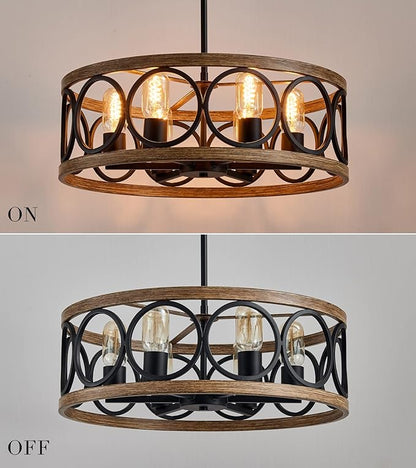 MEIXISUE Modern Farmhouse Drum Chandelier Black and Retro Wood Finish 6-Lights Round Metal Antique Vintage Chandelier Light Fixtures for Kitchen Dining Room Living Room Bedroom